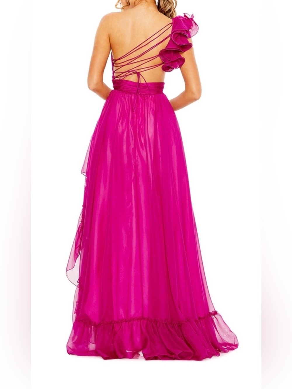Mac Duggal One-Shoulder Fuchsia Ruffle Gown - Picture 7 of 7